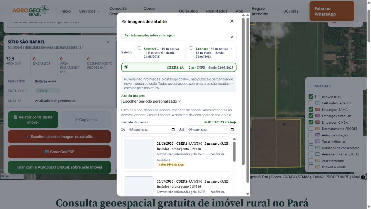 Janela da consulta AGROGEO com CBERS-4A de 2 metros selecionado e cenas disponíveis para escolher