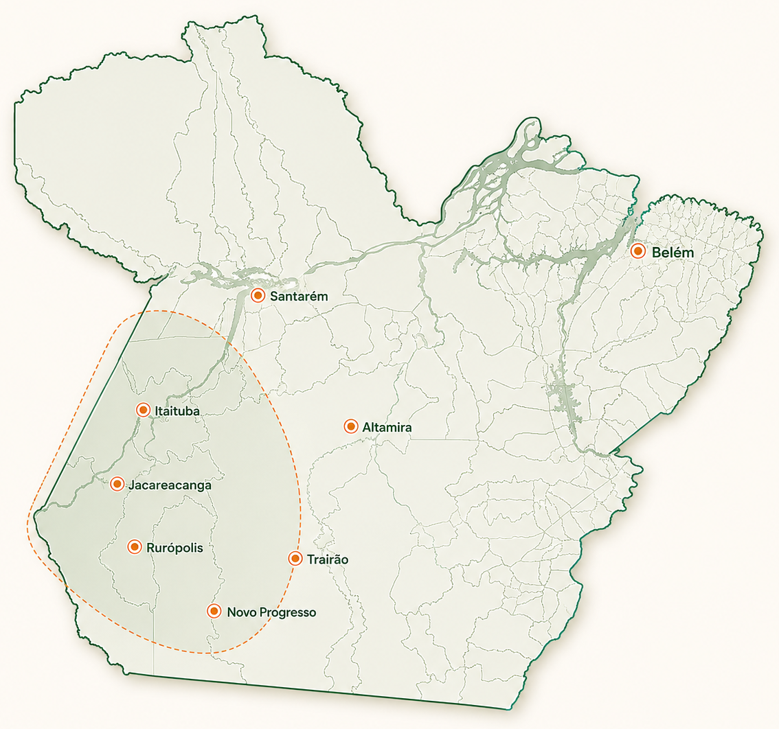 Mapa do Pará com os municípios atendidos pela AGROGEO Brasil: Novo Progresso, Itaituba, Altamira, Jacareacanga, Trairão, Rurópolis, Santarém e Belém