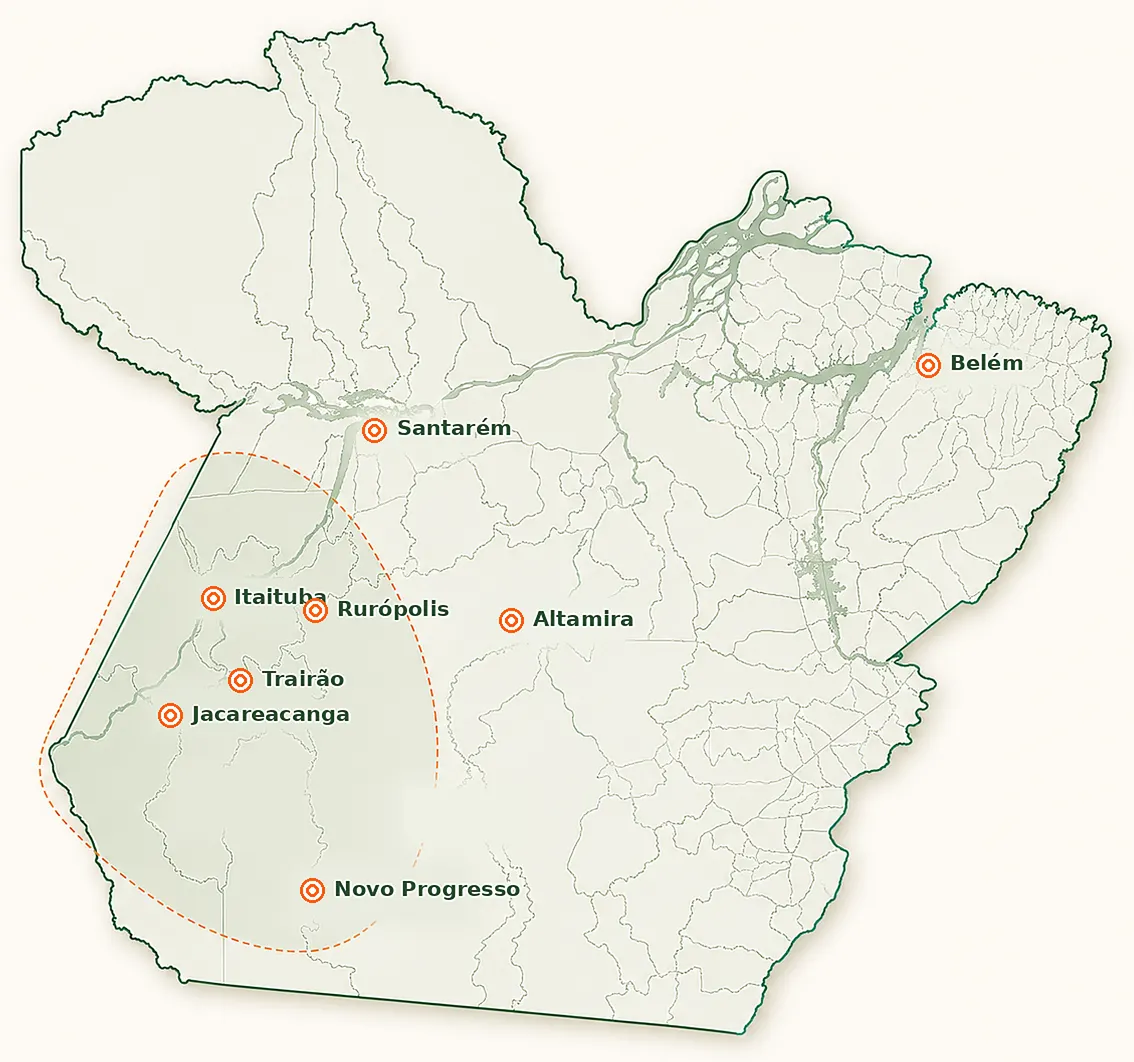 Mapa do Pará com os municípios atendidos pela AGROGEO BRASIL: Novo Progresso, Itaituba, Altamira, Jacareacanga, Trairão, Rurópolis, Santarém e Belém